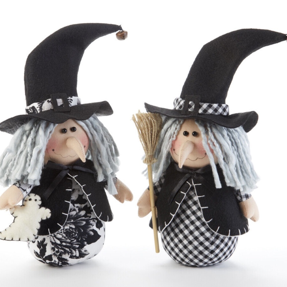 Set 2 Witch Stump Doll w Broom / Ghost Black N White Figurine Delton Halloween